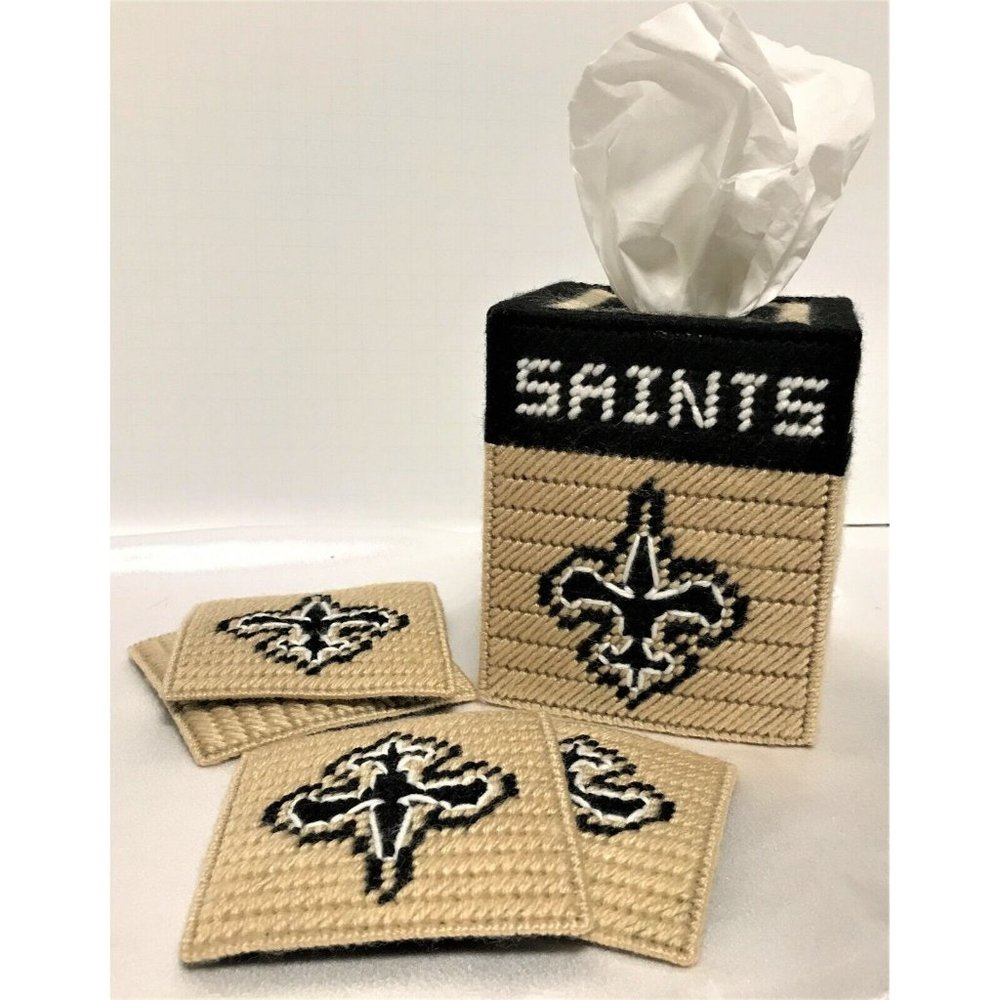 New Orleans Saints Fan NFL Football Tissue Box Cover Coaster Set Plastic Canvas